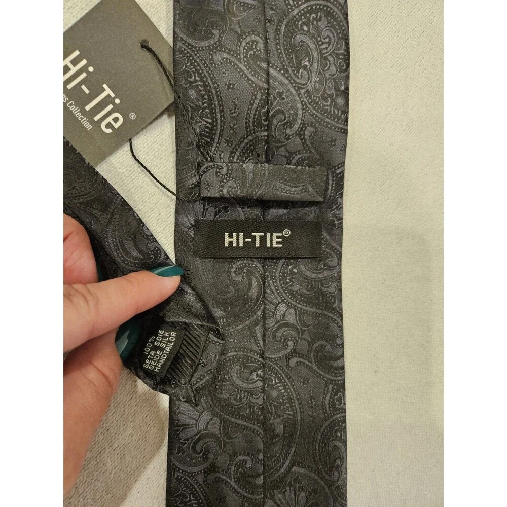 Hi Tie 100% Silk Black Gray Paisley Handmade Men's Woven Necktie Dress Tie
